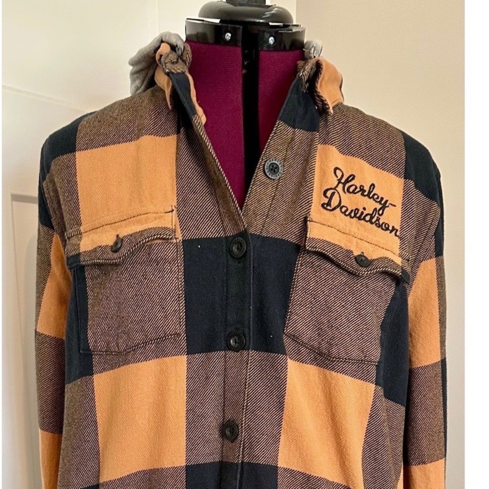 Harley-Davidson Men Orange Black Buffalo Plaid Flannel Shirt Detachable Hood L